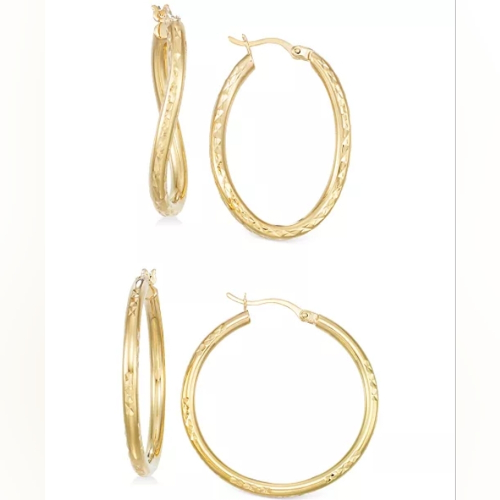 Set of Two Textured Hoop Earrings in 14k Gold Over Silver